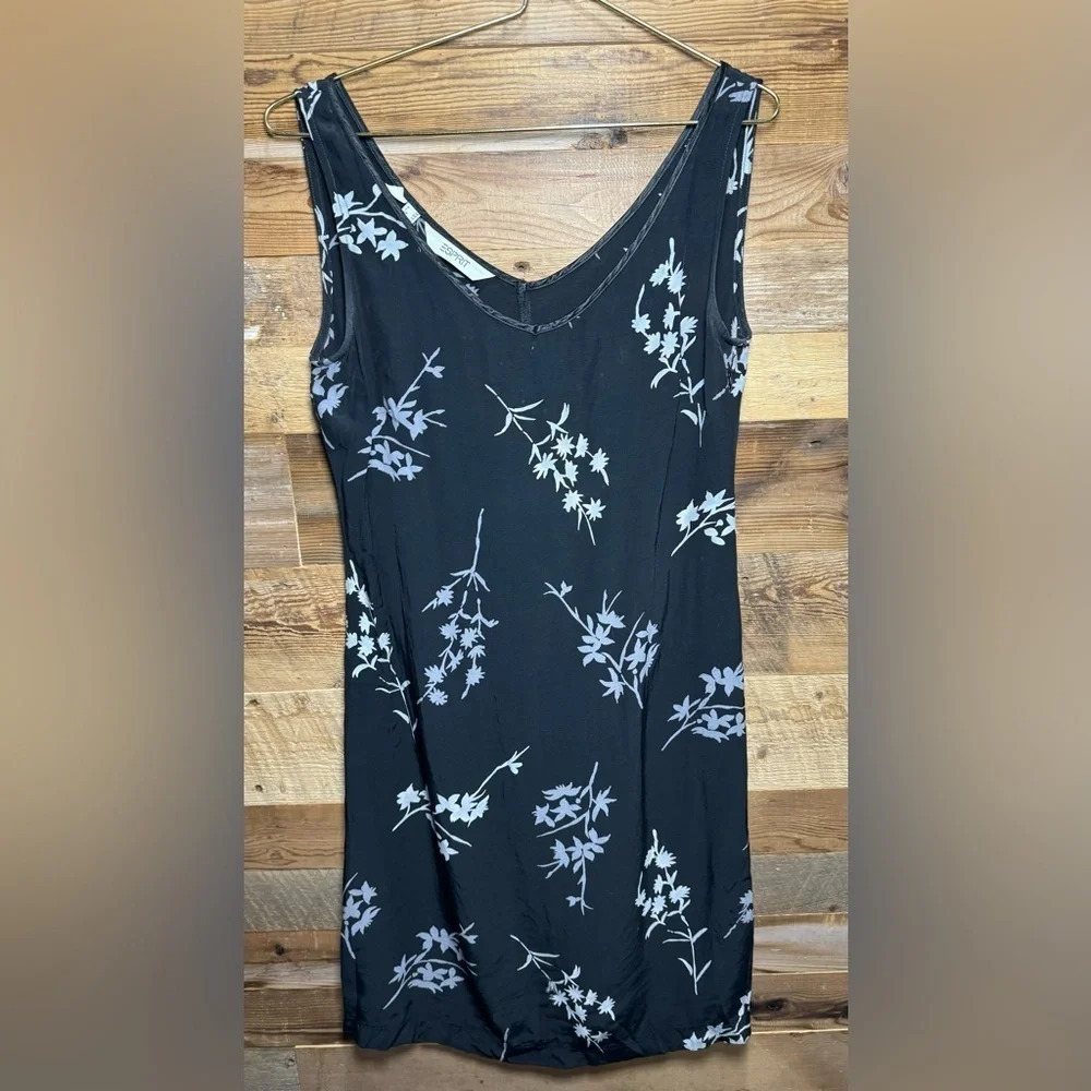 Vintage ESPRIT mini slip dress side zipper black gray floral US10 light tunic